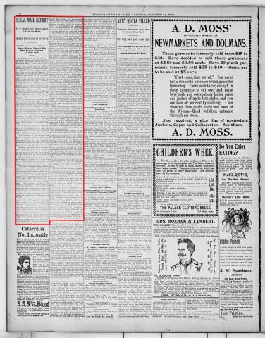 "Rural Mail Report" Newspaper Article, October 24, 1899