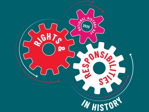 Three gears intersecting that include the 2025 National History Day theme: Rights and Responsibilities in History