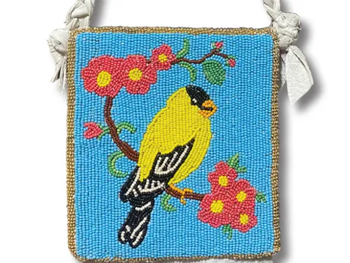 Beaded purse depicting gold finch and wild rose against blue background created using traditional Meskwaki practices.
