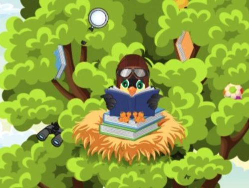 Goldie the Goldfinch reads books in a cartoon tree