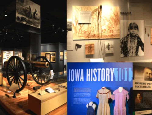 A collage of various exhibit entrances