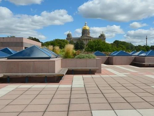 Iowa State Capitol building view from the Grand Terrace of the State Historical Building.