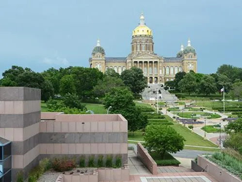 Grand Terrace at the State Historical Building with a view of the Iowa State Capitol building.