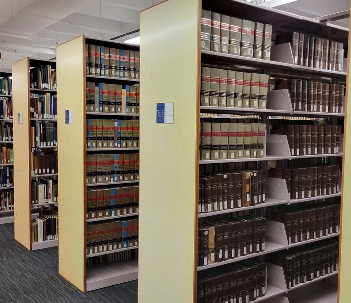 A partial  view of the library stacks at the Iowa History Research Center in Des Moines, IA