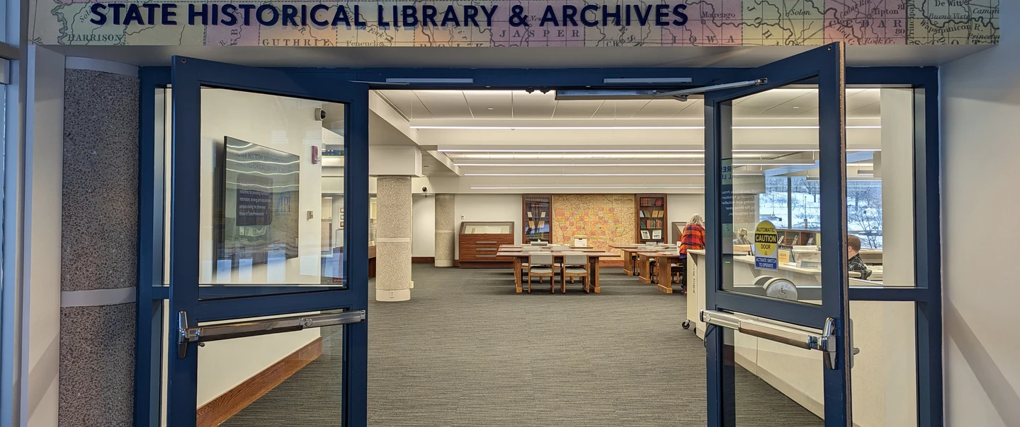 A view of the entrance of the Iowa History Research Center in Des Moines, IA