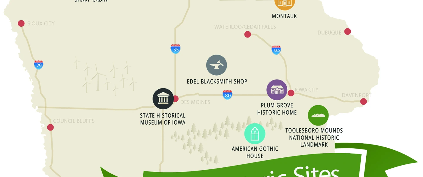 State Map of Iowa and its historical marker locations
