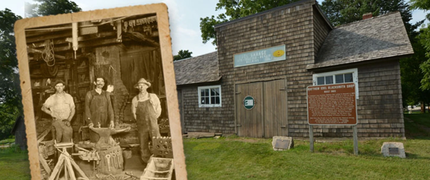 Mathew Edel Blacksmith Shop with historic photo of blacksmiths