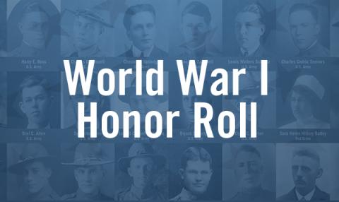 Blue graphic with 18 faces of Iowans who fought in World War 1. Overlaid text reads "World War 1 Honor Roll" 