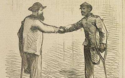 Appearing April 22, 1865, only two weeks after Robert E. Lee’s surrender at Appomattox, this illustration shows two Union veterans, one white and one African-American, shaking hands. Both soldiers have had a leg amputated. 