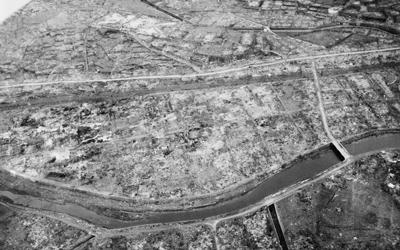Aerial view of Nagasaki, Japan after atomic bombing taken by the US Army.  