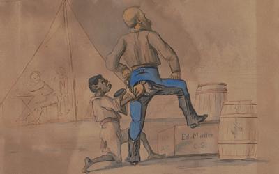 While fighting in the 32nd Indiana during the Civil War, Captain Adolph Metzner documented his experiences through a series of drawings. In this one an unnamed general stands with one leg raised on a box, one hand on his hip, and the other on his knee as an African-American (possibly a “contraband”) mimics his posture while polishing the rear of the general’s pants. 