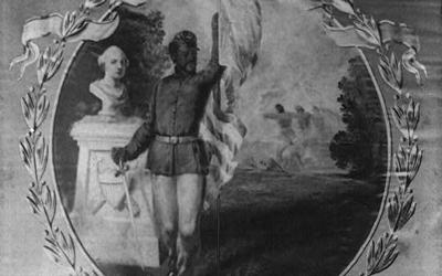 This is a photograph of the United States Colored Troops, 45th Regiment’s flag. On it is an African-American soldier with an American flag in hand standing beside a bust statue of George Washington.  