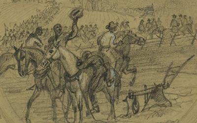 Published in the March 26, 1864 edition of Harper’s Weekly as part of “Scenes Connected with General Custer’s Movement Across the Rapidian,” Alfred R. Waud’s drawing depicts three slaves on horseback leaving the field to join Union troops marching down a nearby road. 