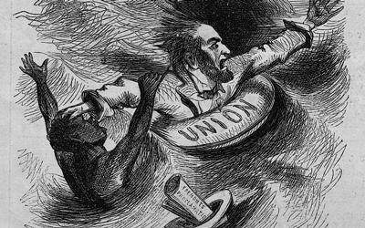This particular cartoon shows Abraham Lincoln, in a life preserver labeled "Union", on a storm tossed sea, pushing away an African American man who had been clinging to him. Next to them floats a hat with papers labeled "Fremonts proclamation" and in the background is the mast of a ship flying a "Proclamation" pennant. 