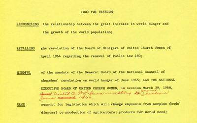"Food for Freedom" Church Women United Letter
