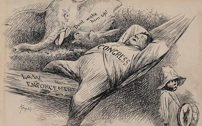 This 1902 political cartoon by  Edward Windsor Kemble depicted Congress as a fat man asleep in a hammock labeled “Law Enforcement” while a broken gun labeled “14th Amendment, 2nd Section” laid below him. A young African-American boy stood nearby holding a drum, but an elephant in the background cautioned, “Don’t wake him up!”