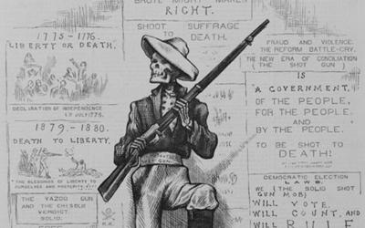Found on the cover of Harper’s Weekly’s October 18, 1879 edition, Thomas Nast’s image portrayed a skeleton labeled “solid Southern shot gun” at a polling station holding a shotgun with one foot standing atop a glass bowl labeled “Suffrage” and “Liberty.” Surrounding him were dead bodies, including one labeled “Nigger Insurrection.” Behind the skeleton were messages that mocked the idea of free elections in the South. 
