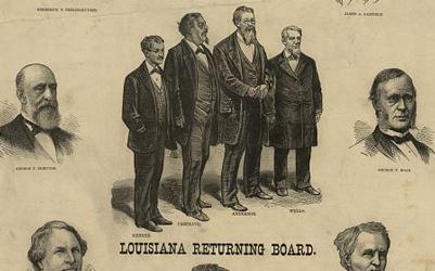 Created after the electoral commission awarded Republican candidate Rutherford B. Hayes all nineteen disputed electoral votes and in turn the presidency, this lithograph criticized the four members of the Louisiana election board and the eight Republicans on the congressional election commission for acting contrary to what the artist believed was the will of the people (Hayes earned nearly 300,000 less popular votes than Samuel J. Tilden, the Democratic nominee). 