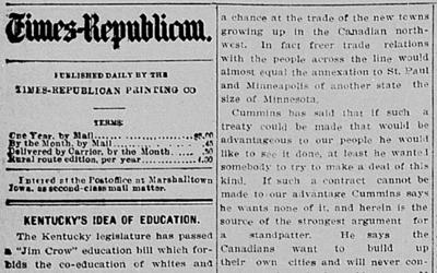 On November 13, 1902, the Marshalltown (Iowa) Evening-Times Republican commented on a bill passed by Kentucky’s legislature which called for the segregation of public schools. The paper was outraged and took special notice of the impact the bill would have on Berea College, the first interracial college in the South and one that promoted racial and social equality. 