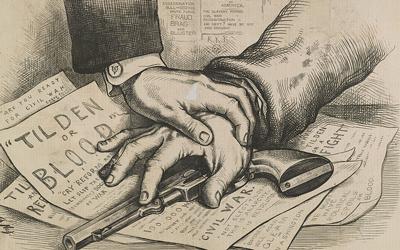 In its February 17, 1877 edition, Harper’s Weekly published an illustration by Thomas Nast that depicted the hand of a Republican holding down the hand of a Democrat reaching for a pistol atop a stack of papers that warned of civil war if Tilden were not to become President. While many in the country feared another civil war, Nast hoped that the commission would allow Congress to settle the impasse without violence.