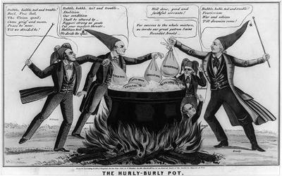 This cartoon "Hurly-Burly Pot" attacks abolitionist, Free Soil, and other sectionalist interests of 1850 as dangers to the Union