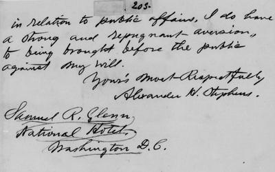 A letter from Alexander Stephens to Samuel R. Glenn