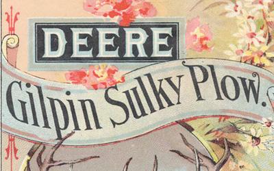 This two-page brochure is color drawings on one side and text description on the other.  The description tells the features of the Gilpin Sulky Plow.