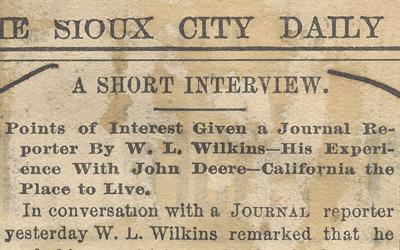 Published article from The Sioux City Daily newspaper of a conversation a local man had with Mr. John Deere while traveling to California on a train.