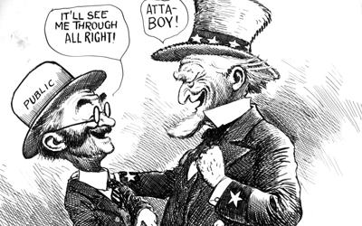 Political cartoon showing Uncle Sam giving John Q. Public money.  