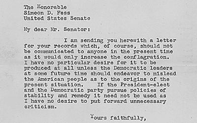 Letter from President Herbert Hoover to Senator Simon Fess