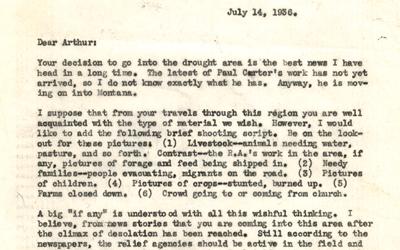 The typed letter outlines instructions for photographer Arthur Rothstein.  