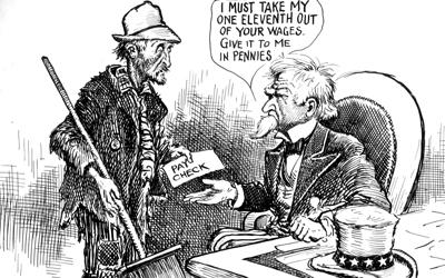 A political cartoon of Uncle Sam asking a disheveled man money for taxes