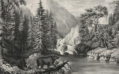 Print showing a wilderness scene with a bear at the edge of a stream and waterfalls and mountains in the background.