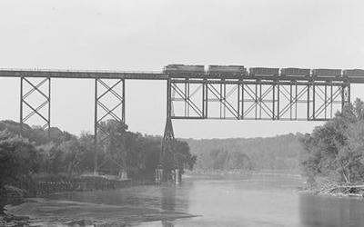 View of the C & NW Railroad Viaduct over the Des Moines River from the north.
