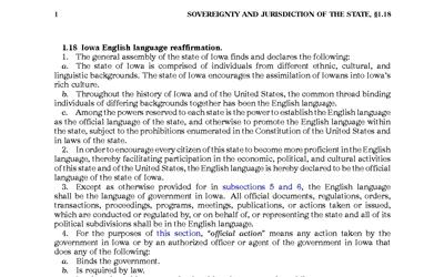 Text of a law passed in 2002 reaffirming English as the official language of Iowa. 