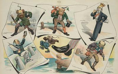 Cartoon with six images of potential Chinese immigrants in “disguise.”