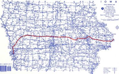 A State of Iowa Road Map from 1994 with the Original route of the Lincoln Highway (in red)