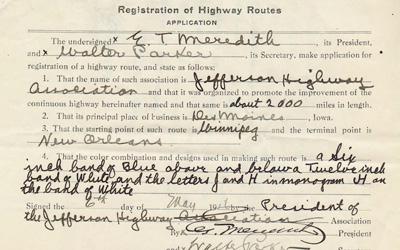 This is the application for registration of highway routes for the Jefferson Highway submitted May 6th, 1916.