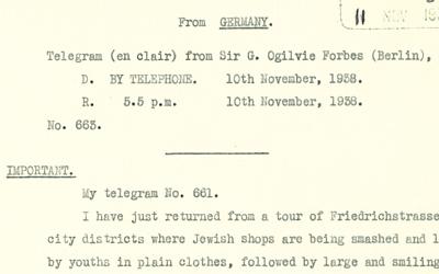 Telegram from Sir G Ogilvie Forbes regarding the damage dealt to Jewish properties during ‘Kristallnacht’ on 10 November 1938