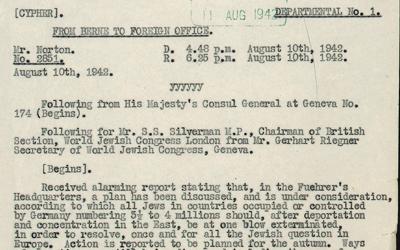 Telegram from Mr Gerhart Riegner to Mr S S Silverman, both of the World Jewish Congress, regarding rumours of the extermination of Jews in Concentration Camps