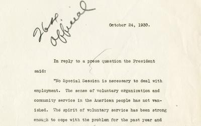 In this correspondence with the Press, President Herbert Hoover states that no special session of Congress is needed to address unemployment.