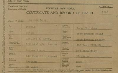 Birth Certificate of Bessie Bland in New York, ca. 1913