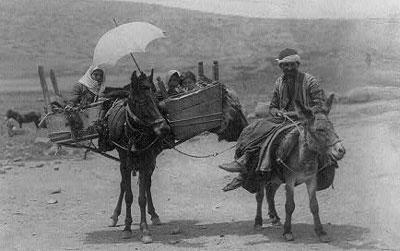 Family Traveling with Donkey and Horse near Sea of Galillee in Palestine, 1895