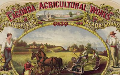 This print shows scenes of men harvesting wheat using new machinery c. 1850.