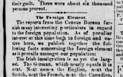 The newspaper in Burlington, Iowa published this article in 1855 with details regarding statistics of immigration and lists the jobs immigrants engage in.