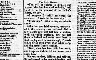 This newspaper article from 1849 chronicles the plight of an Irish mother who left her small children in Ireland and immigrated to America without them so she could earn money to send for them.