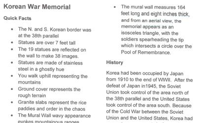 Two page document with paragraphs, bullet notes, and photos about the Korean War Memorial in Washington DC.
