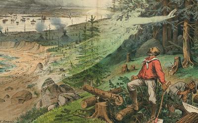 Illustration shows a female spirit labeled "Public Spirit" warning two men cutting logs, of the consequences of deforestation.