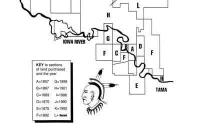 Map and text of the Meskwaki land purchases over time.