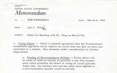 The two page memo details the key points from a meeting between Martin Luther King Jr. and President Johnson.  